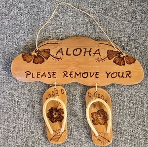 Hawaiian Hand Made Wall Sign Please Remove Shoes Aloha Wood Art Decor Hibiscus